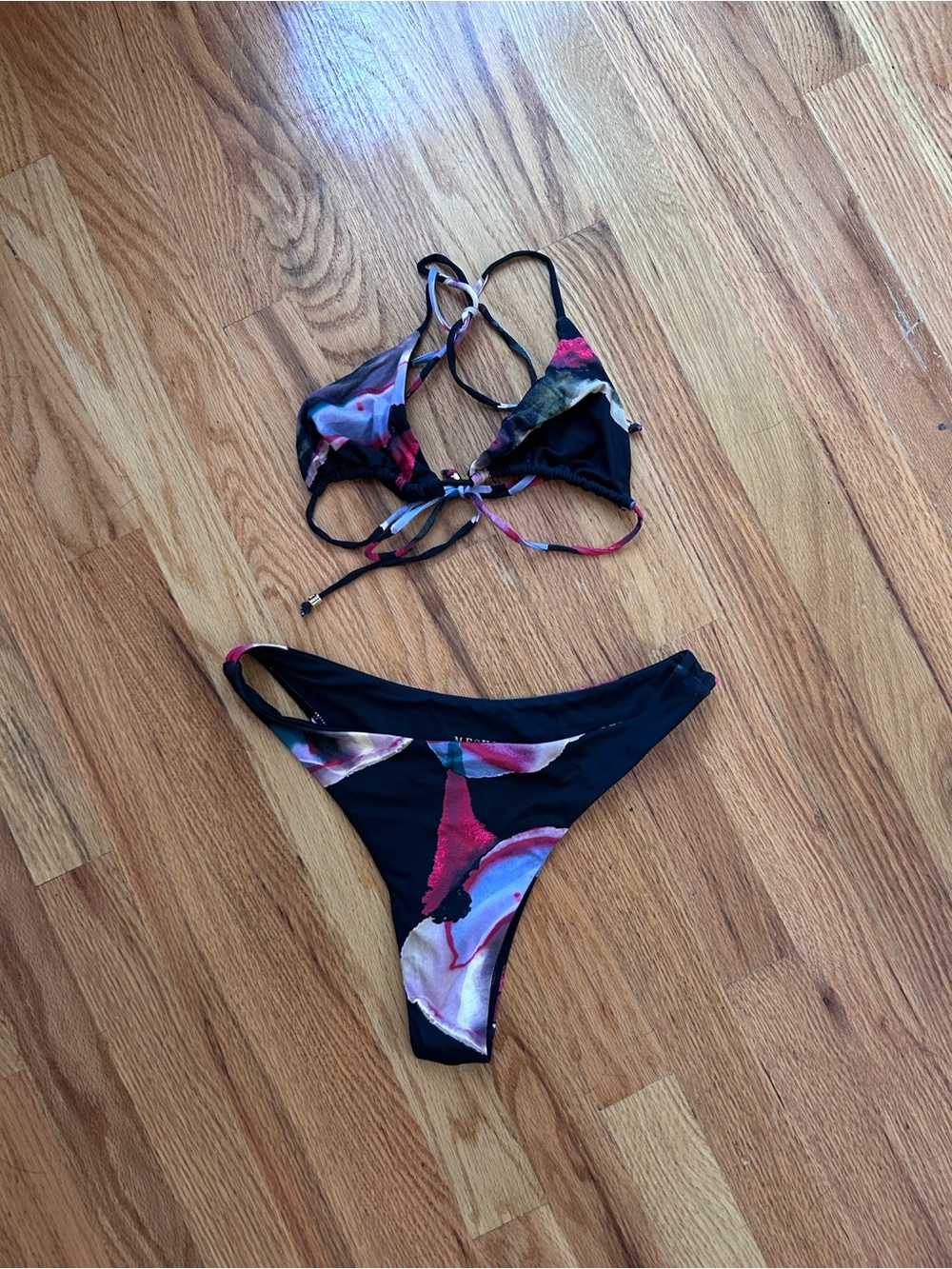 Meshki Black Floral-Accent Triangle Bikini Set